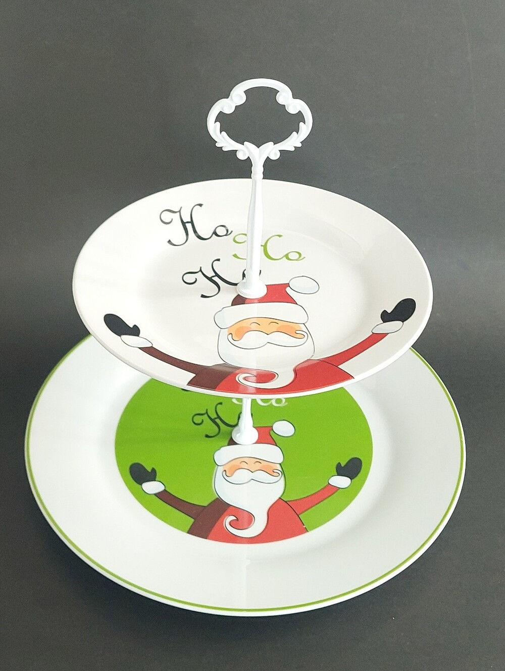 H2K Christmas Santa Claus 2 Tier Porcelain Serving Tray Cake Stand